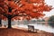 a bench sits next to a lake with red leaves