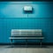 a bench sitting in front of a blue wall