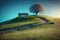 a bench sitting on top of a lush green hill next to a tree.