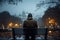 Bench solitude person embraces rainy weather against city backdrop