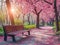 bench in spring park under flowering sacura trees