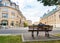 Bench on street, ancient European tourist city