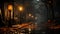 A bench and street lights on a rainy night