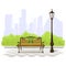 Bench and streetlight on city background