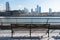 Bench at Sutton Place Park along the East River in Midtown Manhattan of New York City looking out towards Roosevelt Island and Que