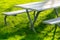 Bench and table in the public park on the green meadow on a sunny day. Great for many people for the birthday party and