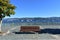 Bench, tree and stone handrail in a beach promenade. Summer background. Bay with blue water, boats and trees. Galicia, Spain.