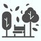 Bench and trees solid icon. Wide chair in front of plants and leafs in park. Autumn season vector design concept, glyph