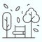Bench and trees thin line icon. Wide chair in front of plants and leafs in park. Autumn season vector design concept