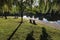 A bench in Wade Park in front of Wade Oval