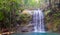 Bench and waterfall in Colo-i-Suva rain forest national park, nature reserve near Suva, Viti Levu island, Fiji, Melanesia, Oceania