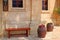 Bench and wine bowls with flowers near the Cana greek orthodox wedding church in Cana of Galilee, Kfar Kana