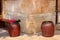 Bench and wine bowls with flowers near the Cana greek orthodox wedding church in Cana of Galilee, Kfar Kana