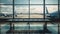 Benches in the airport, behind a large window on the tarmac stands the plane, generative ai
