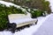 Benches and coniferous shrubs under snow along alley in city park on overcast winter day.