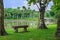 Benches front of lake in city park with blue sky