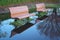 Benches in a puddle after the heavy rain in the morning in Tokyo, Japan