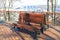 Benches for relaxation in the spring park. Viewpoint and Upper Park on a hill in the city