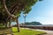 Benches and trees along marina walkway promenade. Harbor view. Italy.