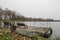 The benches on the wooden village pier.