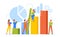 Benchmarking, Business Development And Improvement Concept. Male and Female Characters at Column Chart or Diagram