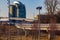 The bend in Bob Kerrey foot bridge with backdrop of River Front Condominiums Omaha Nebraska