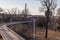 The bend in Bob Kerrey foot bridge with backdrop of River Front Condominiums Omaha Nebraska