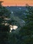 Bend rail railway aerial view. Railroad top view in the evening