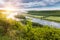 Bend of the river and island, the panoramic view from the hill.