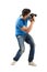 Bend young man taking photo with digital camera side view