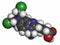 Bendamustine cancer chemotherapy drug molecule (nitrogen mustard). Atoms are represented as spheres with conventional color coding