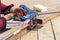 Bending reinforcement metal rebar. Worker using bending rebar machine for reinforcement in the construction work