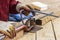 Bending reinforcement metal rebar. Worker using bending rebar machine for reinforcement in the construction work