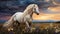 Beneath a cloudy sky, a white horse graces a flower-filled meadow.