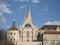 Benedictine monastery Emauzy, frontal view. Architectural monument from fourteen century with two modern spiky towers on