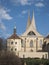 Benedictine monastery Emauzy, frontal view. Architectural monument from fourteen century with two modern spiky towers on