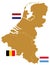 Benelux map and flags - three states in western Europe: Belgium, the Netherlands, and Luxembourg