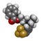 Benfluorex drug molecule withdrawn. 3D rendering. Atoms are represented as spheres with conventional color coding: hydrogen