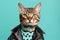 Bengal Cat Dressed As A Cowboy On Mint Color Background
