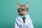 Bengal Cat Dressed As A Doctor On Mint Color Background