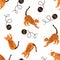 Bengal cat playing balls of wool seamless pattern background. Cartoon orange tabby spotted cat kitten background. Hand drawn