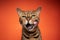 bengal cat portrait licking face with long tongue on orange background