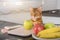 Bengal cat weighs an apple on a kitchen scale