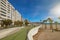 Benidorm, Alicante, Spain - November 27, 2019: people walk along the fantastic modern promenade of Poniente with views of