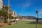 Benidorm, Alicante, Spain - November 27, 2019: people walk along the fantastic modern promenade of Poniente with views of