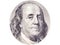 Benjamin Franklin face in ellipse on 100 dollar bill o white background.