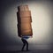 Bent down guy carrying a lot of big heavy boxes on his back. Overloaded of daily tasks, and difficult burden. Packing stuff and