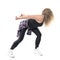 Bent pose dancehall female dancer moving and raising head with flowing hair motion