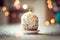 Bento cake with candle on white table on blurred interior background