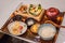 Bento set of prawn tempura and chicken teriyaki in japanese restaurant